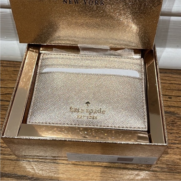 Kate Spade boxed small metallic saffiano slim cardholder wallet glitter rose NWT - Picture 3 of 4